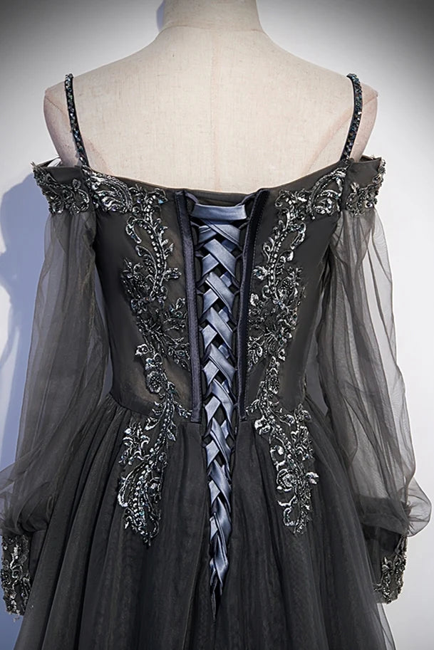 Robe longue de soirée en tulle gris, coupe trapèze, avec appliques, manches longues, maxi, robe de bal